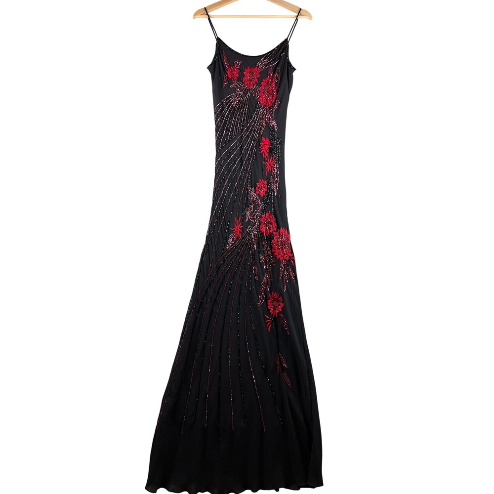 Vintage Caché Silk Black Beaded Floral Maxi Dress Red Embroidery Formal Gown